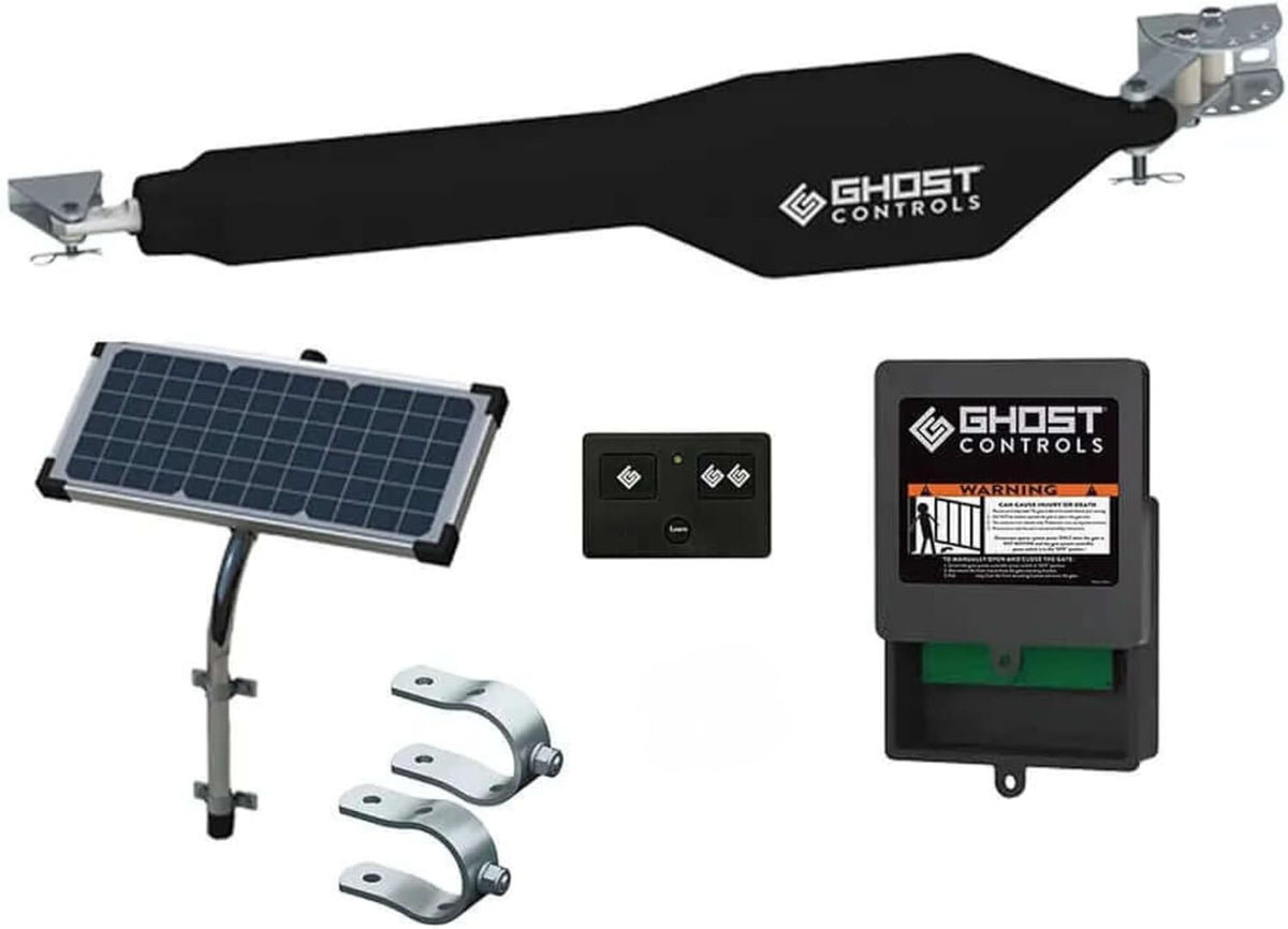 GC GHOST CONTROLS Solar Heavy-Duty Automatic Gate Opener Kit for Driveway Swing Gates with Long-Range Solar Gate Opener Remote - Model TSS1XP