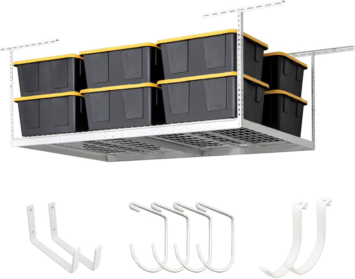 SafeRacks 4x8 Overhead Garage Storage Rack Heavy Duty - White (12"-21") - Holds 600 lb