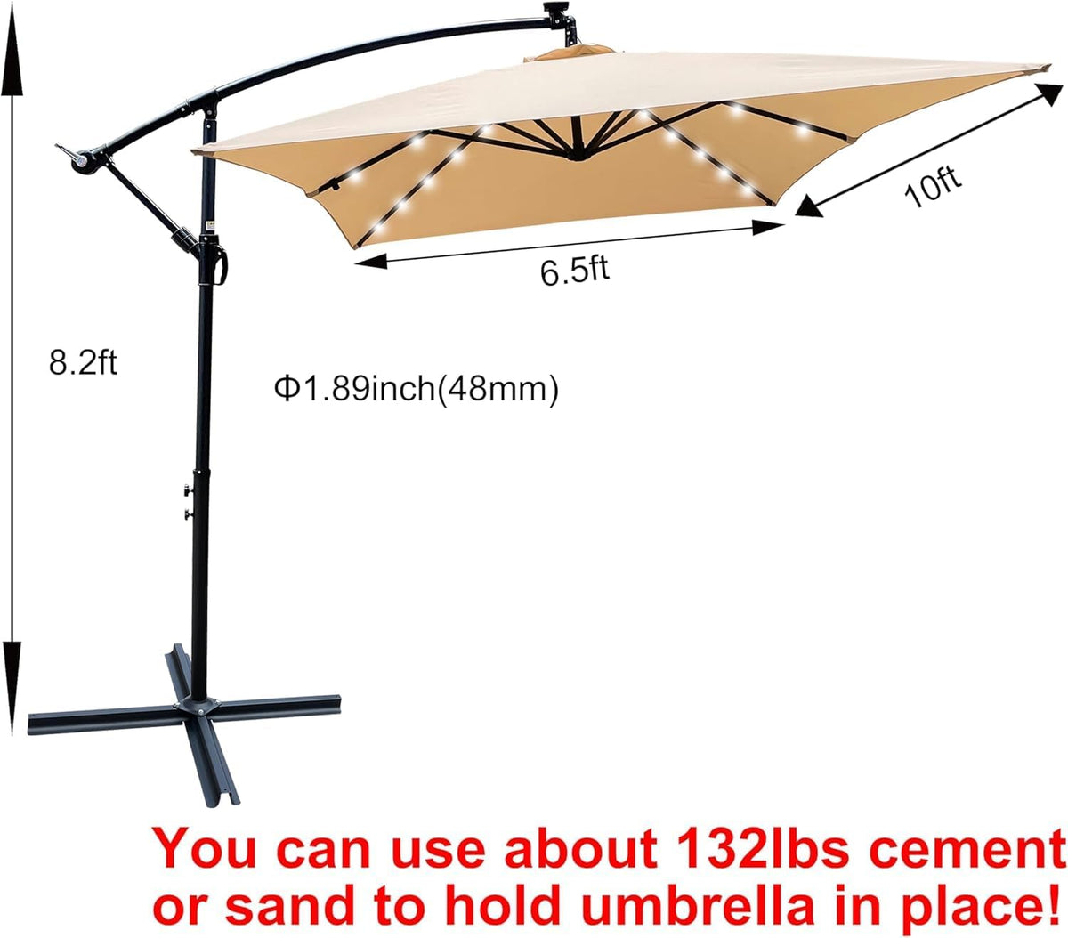 10x6.5FT Patio Umbrella, Outdoor Offset Umbrella with Cross Base and Crank, Rectangular Cantilever Umbrella with Solar Lights, Hanging Market Umbrella with 6 Rids for Pool, Deck, Backyard (Tan)