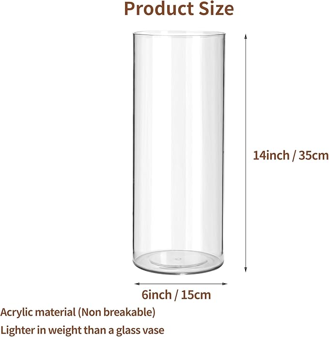 Clear Flower Vase, Non-breakable Vases, 6" W x 14" H, Acrylic Vase, Aesthetic Room Decor Cylindrical Modern Flower Vases for Table Centerpiece, Home Decor, Women Floral Arrangement Gift