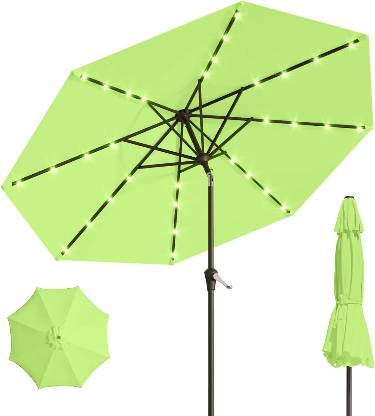 10FT Solar Umbrella 32 LED Lighted Patio Umbrella Table Market Umbrella w/Tilt and Crank, UV-Resistant Outdoor Umbrella for Pool, Garden, Deck, Apple Green