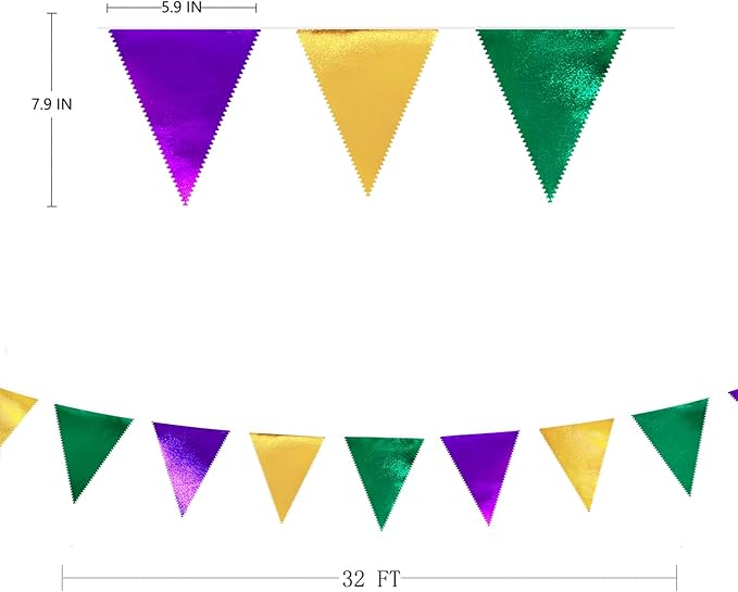 Mardi Gras Party Decorations Purple Green and Gold Metallic Fabric Triangle Pennant Banner Flag Hanging Bunting Garland for Birthday Wedding Baby Shower Bridal Shower Holiday Masquerade Party Supplies