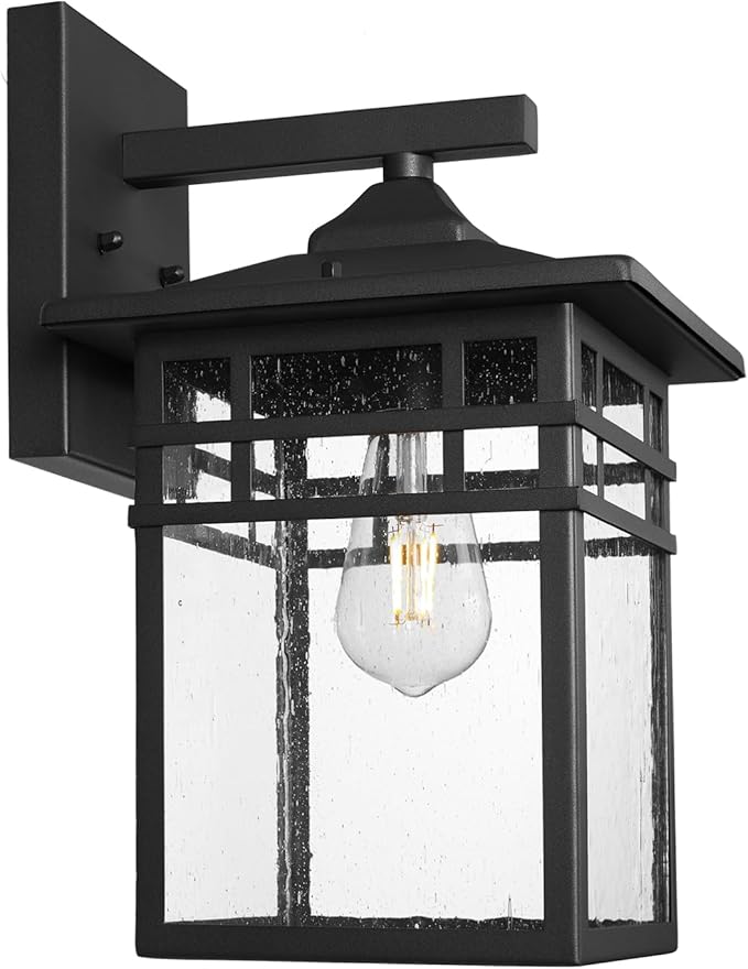 Outdoor Light Fixture Wall Mount, Black Exterior Light Fixture Wall Sconces with Seeded Glass for Front Porch, 9 Inch Large Waterproof Outdoor Square Wall Lantern Outside for House Doorway