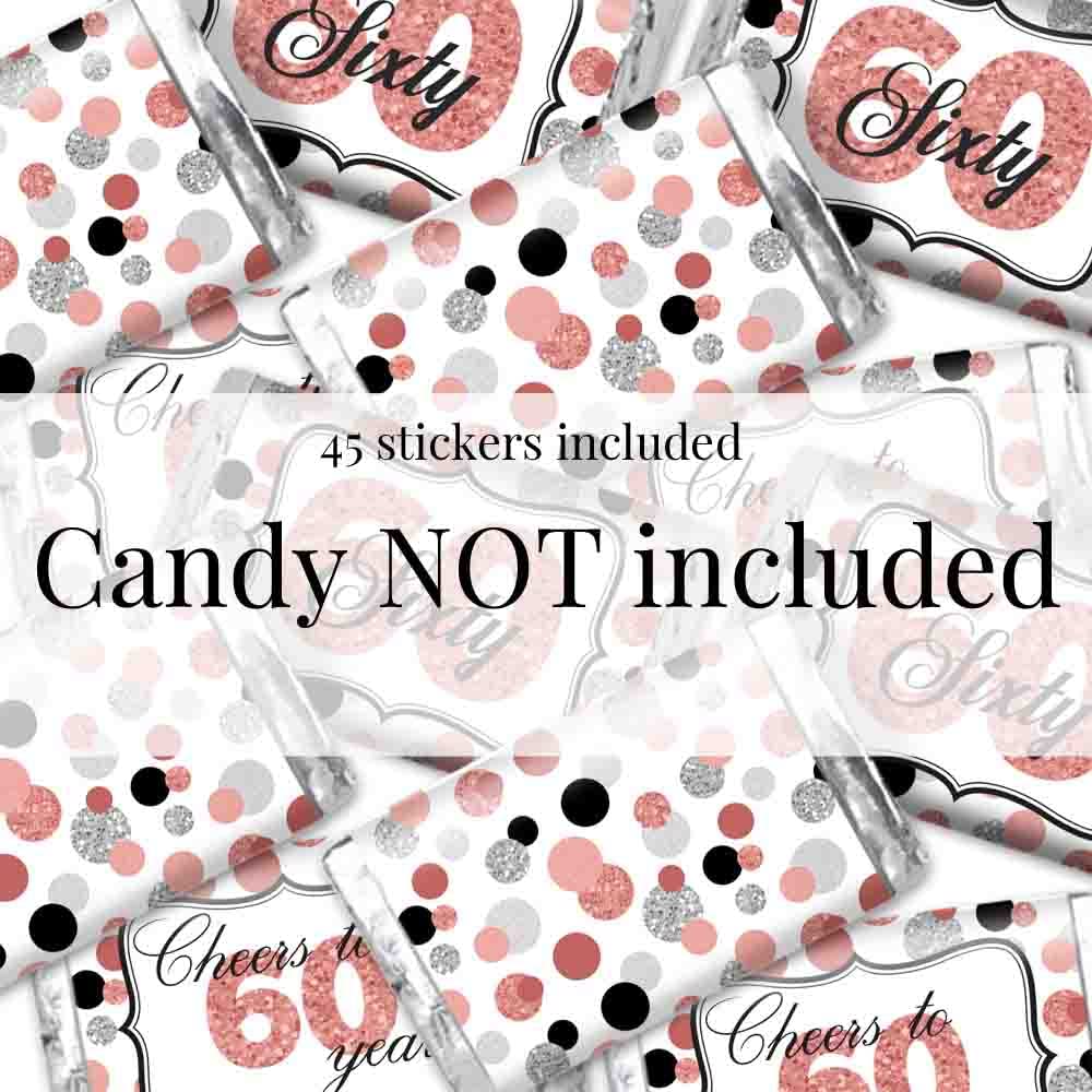 Amanda Creation Confetti Rose Gold Polka Dot 60th Birthday Party Mini Chocolate Candy Bar Sticker Wrappers, 45 1.4" x 2.6" Wrap Around Labels, Great