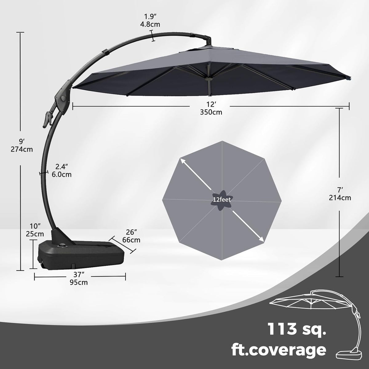 Grand patio 12 FT Sunbrella Cantilever Umbrella with Base Outdoor Aluminum Offset Umbrella with Tilt Adjustment (Charcoal, 12 FT-SUNBRELLA)