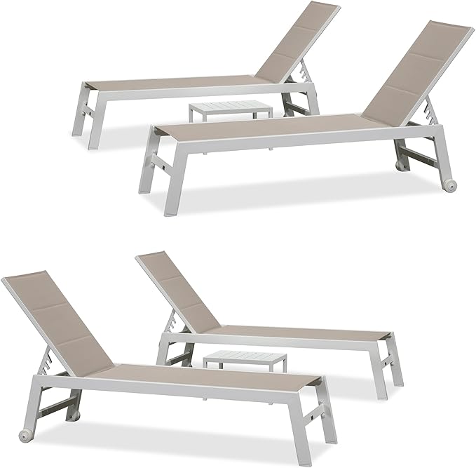 PURPLE LEAF Outdoor Chaise Lounge Set Oversize Adjustable Sunbathing Recliner Extra Wide Lounge Chairs with Side Table for Poolside Beach Outside Patio Aluminum Chaise Lounger Khaki 2 Sets