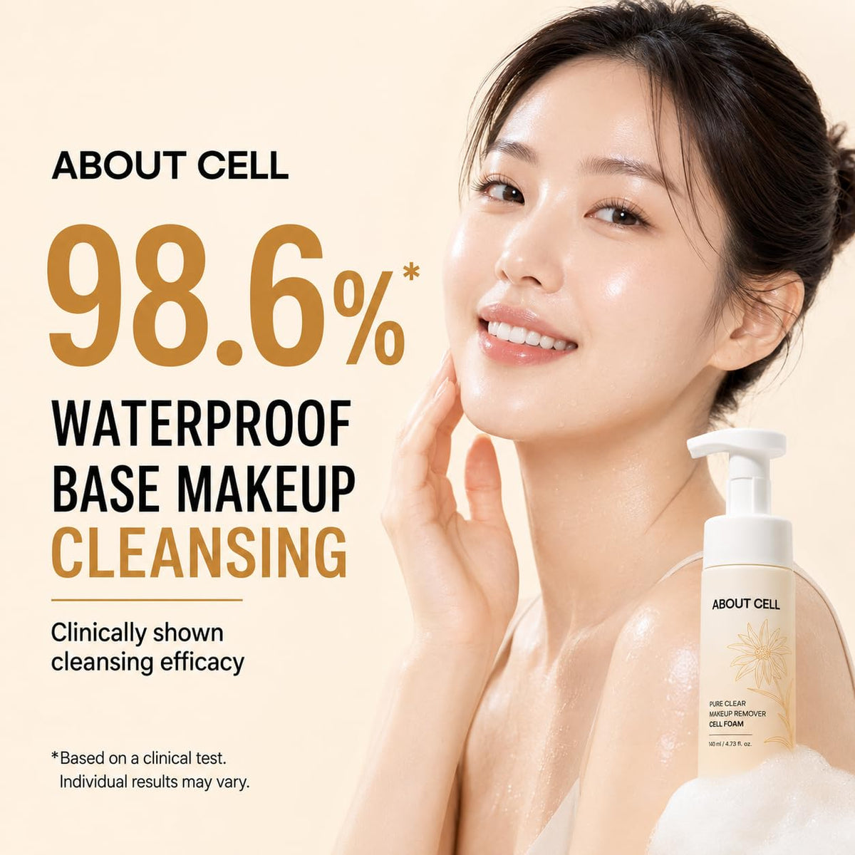 ABOUT CELL Pure Clear Foaming Makeup Remover, 2-in-1 Face Wash for Base Makeup & Sunscreen, Micro-Bubble Korean Facial Cleanser for Sensitive Skin, 140 mL (4.73 fl oz)