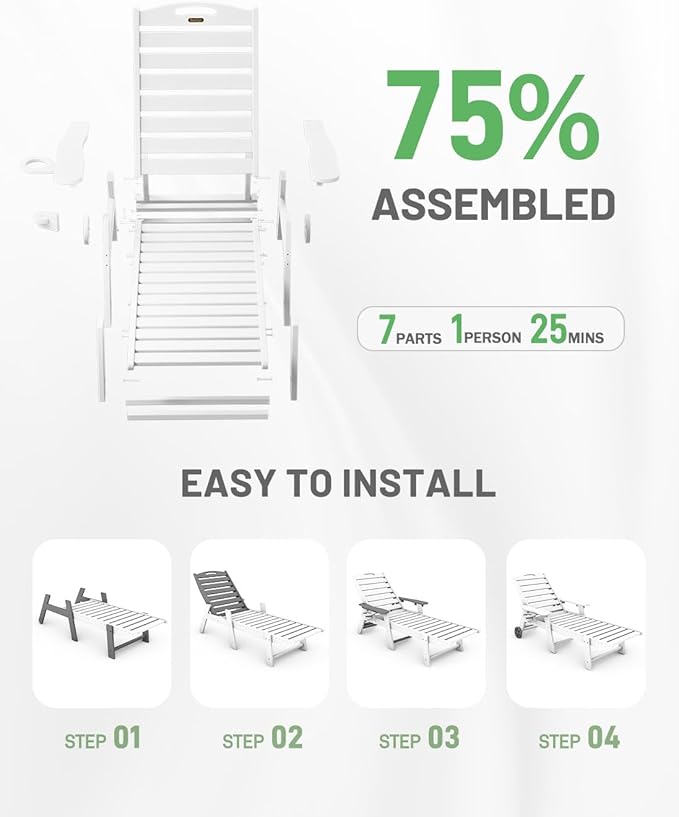 Lounge Chair Outdoor Set of 2, HDPE Chaise Lounge Outdoor with 6-Position & Wheels &Cup Holder, Pool Lounge Chair for Pool Poolside Deck Backyard Patio, White