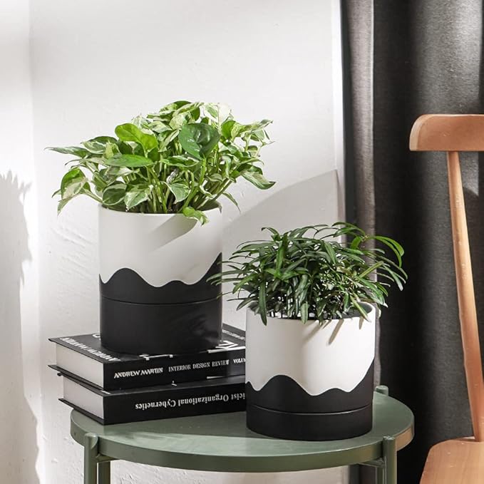 Nihow Ceramic Plant Pot: 6 Inch Planter with Drainage Hole & Saucer for Indoor & Outdoor Plants - Cylinder Round Flower Pot for Succulent/Herbs/Violets - White & Wave Black