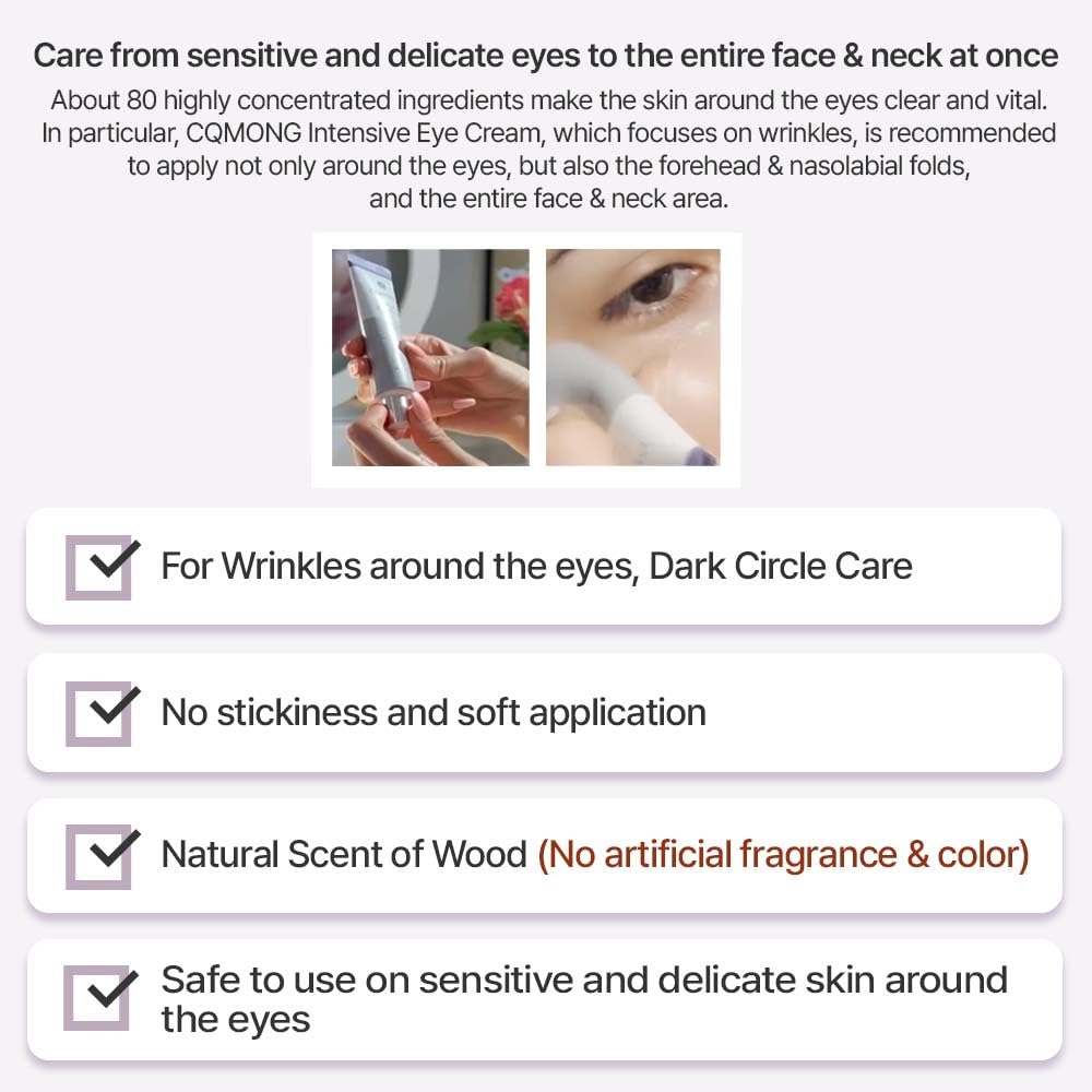 CQMONG Intensive Eye Cream 1.01 fl oz for dark circles, puffiness, wrinkles, fine lines, bags under eyes, dark spots l Natural wood scent l Glutathione, Collagen, 7 Amino Acids, Adenosine l Korean