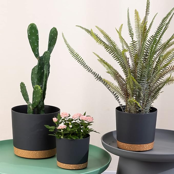 ZMTECH Plant Pots, Set of 3 8'' Self Watering Plastic Planter with Drainage Hole and Saucer, Modern Decorative Flower Pot for Indoor Outdoor House Plants, Succulents, Flowers - Dark Gray