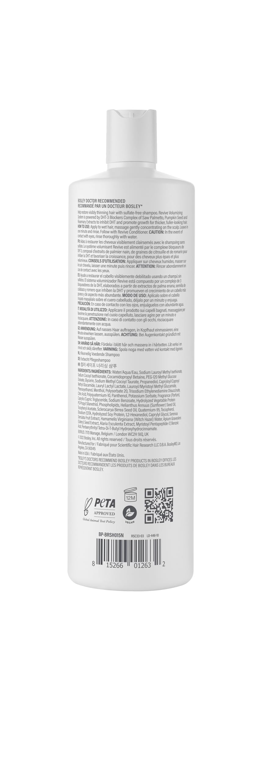 BosleyMD BosRevive Nourishing Shampoo for Thinning Hair (Color Safe) – DHT Blocker, Sulfate-Free, Vegan Formula with Biotin, Saw Palmetto & Rosemary – Strengthens & Volumizes – 33.8 Fl Oz