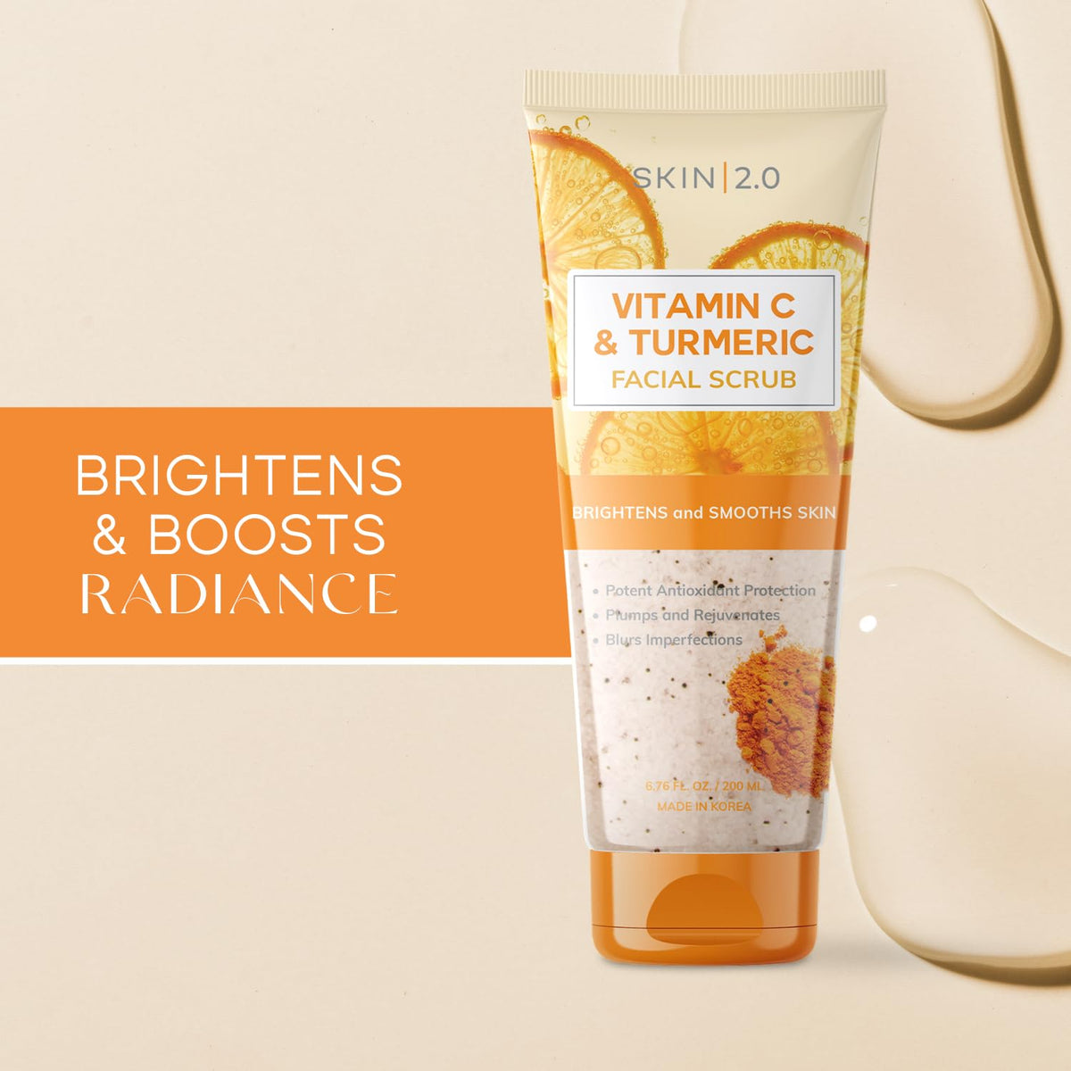 Skin 2.0 Vitamin C & Turmeric Face Scrub - Dermatologist Tested, Gentle Exfoliating, Brightening, Hydrating, Anti-Aging, Clean Beauty, Cruelty-Free Korean Skincare, All Skin Types - 6.76 Fl Oz / 200ML
