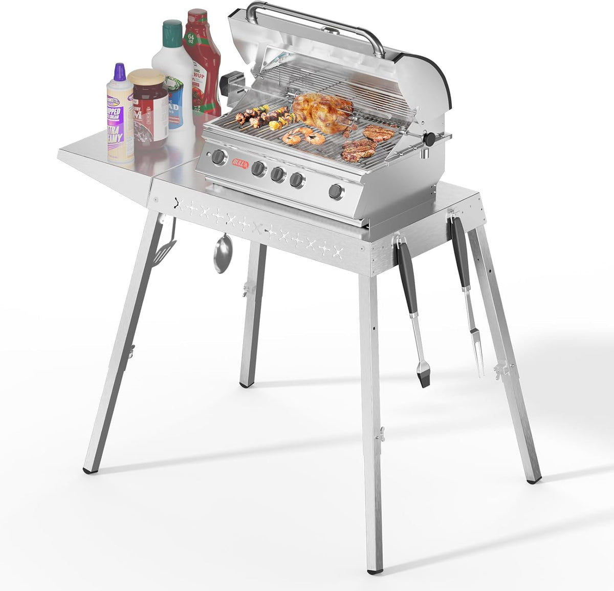 Food Grade 304 Stainless Steel BBQ Grill Table fits Tabletop Griddle, Outdoor Grill Table with 4 Foldable Legs, Portable Grill Stand for RV, Camping, Tailgating