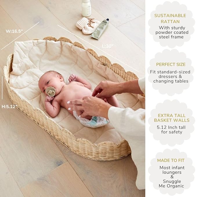 Bebe Bask Premium Baby Changing Basket - Artisan-Crafted Scalloped Rattan - Changing Basket for Baby Dresser - All Accessories Included - Complete Set for Nursery (Natural)