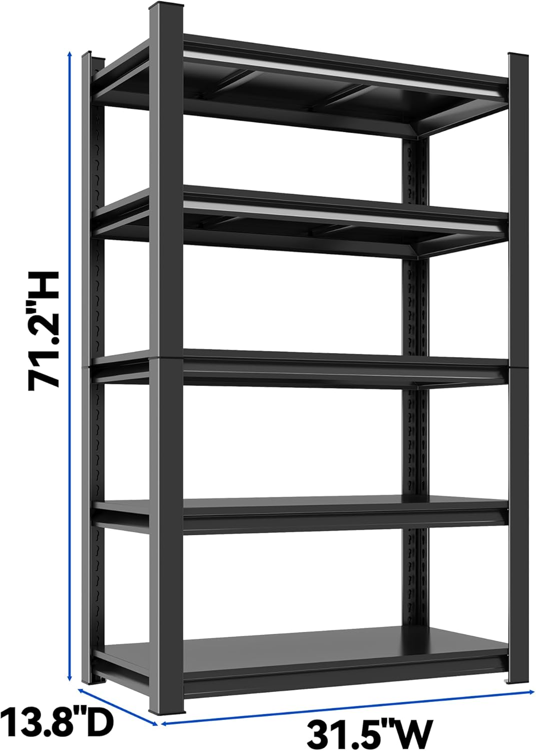 71.2"H Garage Shelving Heavy Duty Rack, 3000 LBS Extra Large Capacity 5 Tier Adjustable Storage Shelves, Metal Industrial Shelf Units for Garage, Basement and Warehouse, 71.2"H×31.5"W×13.8"D, Black