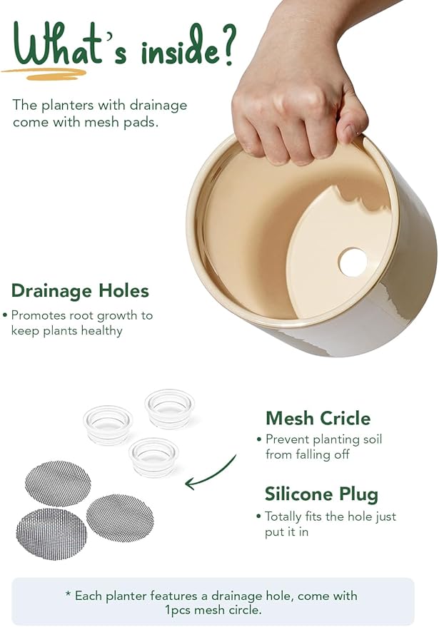 LE TAUCI Ceramic Plant Pots Indoor, 10+8+6 Inch Planters for Indoor Plants, Mid-Century Modern Flower Pots with Drainage Hole and Plug, Cylinder Round Planters, Set of 3, Cloud Cream
