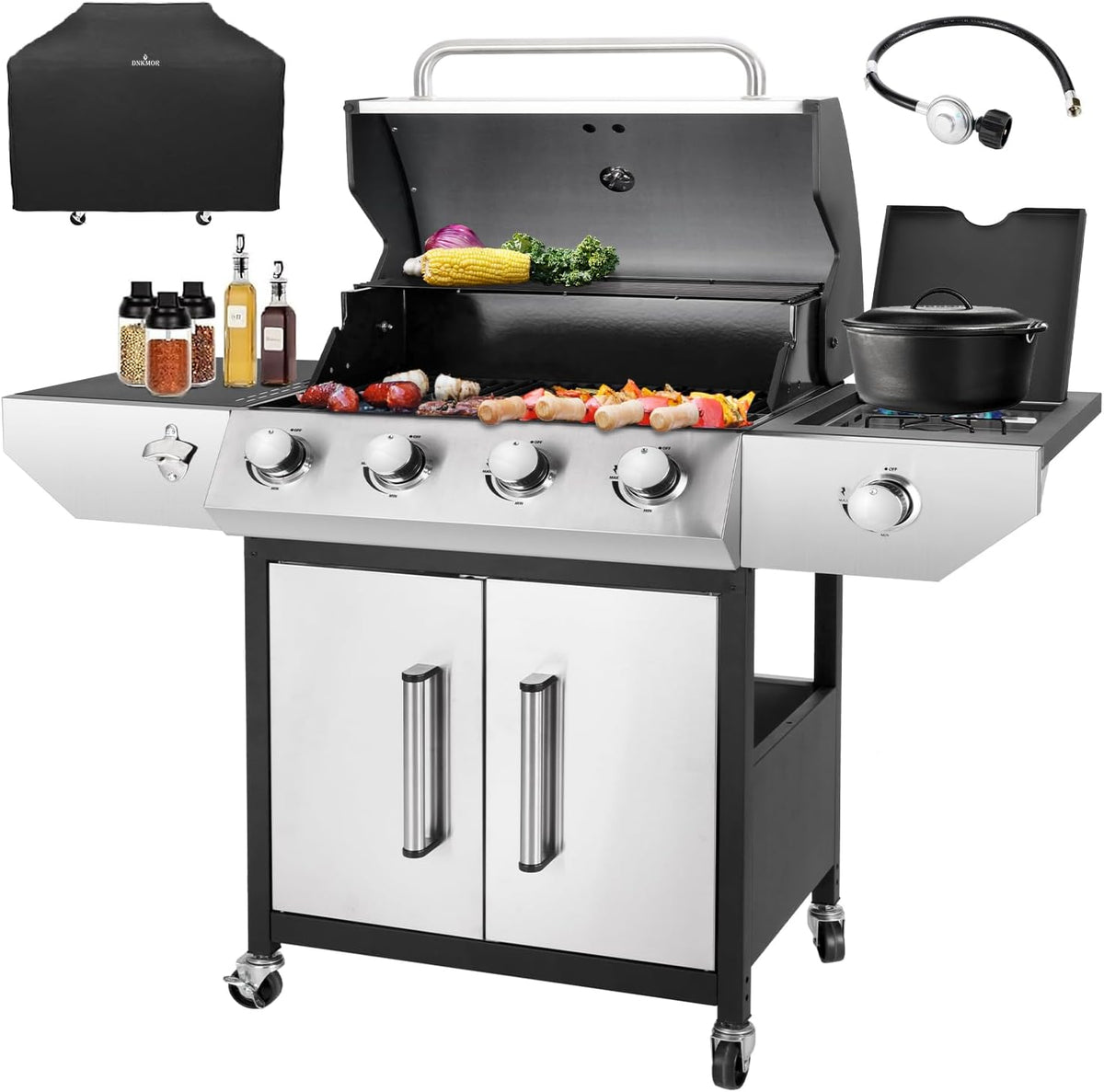 4-Burner Propane Gas BBQ Grill with Side Burner, 53,000 BTU Output with Enameled Cast Iron Grates for Patio Garden Barbecue, Stainless Steel