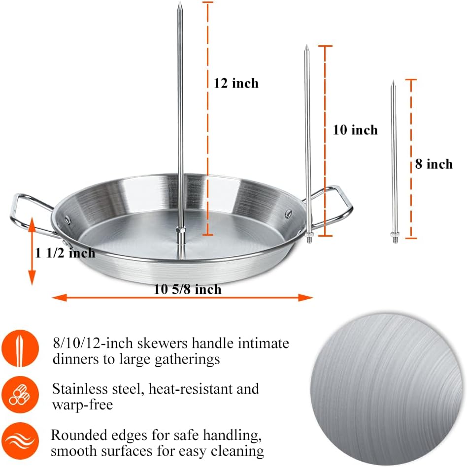 BBQ Vertical Skewer Pan Stainless Steel Gyro Spit Shawarma Stand for oven, Al Pastor Skewer for Grill, El Pastor Hack for Tacos Al Pastor Chicken, Brazilian, with 8",10",12" stick