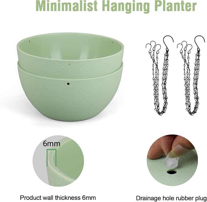 8 inch Small Hanging Planters Plant Pots for Indoor Outdoor Plants, 2 Pack Hanging Flower Pots with Drainage Holes and Chain for Garden Porch, Plastic Hanging Baskets for House Plants, Green