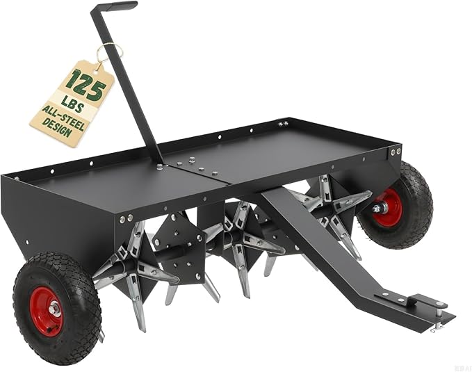 Doniks 48-Inch Tow Behind Lawn Plug Aerator with Universal Hitch, Lawn Aerator Tow Behind with 30 Galvanised Steel Tines,Tray and Inflatable Wheels for Gardens, Lawns, Farms