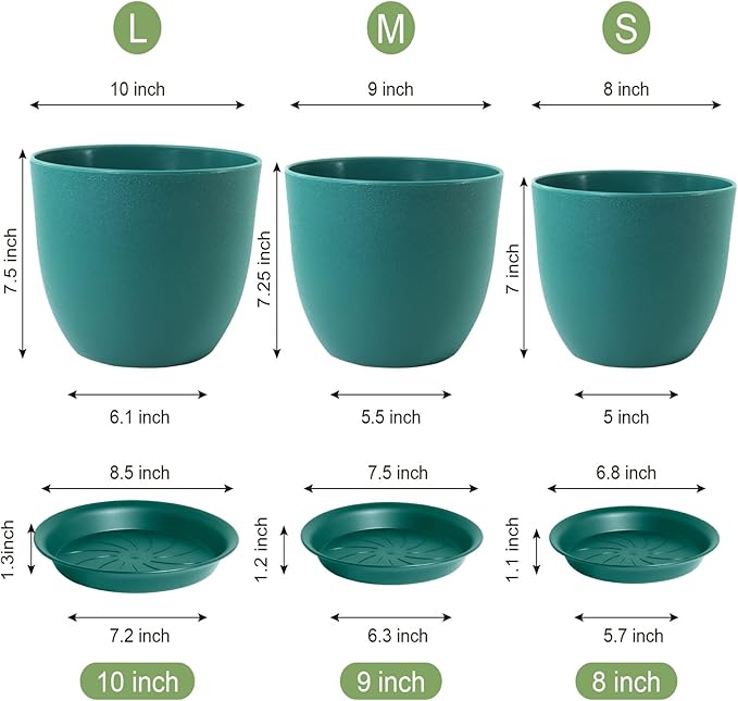 Flower Pots 10/9/8 inch, Set of 3 Modern Decorative Plastic Planters with Drainage Holes and Tray for House Plants Indoor Flowers Plants, Plant Pots for Indoor Outdoor Plants, Blue Green