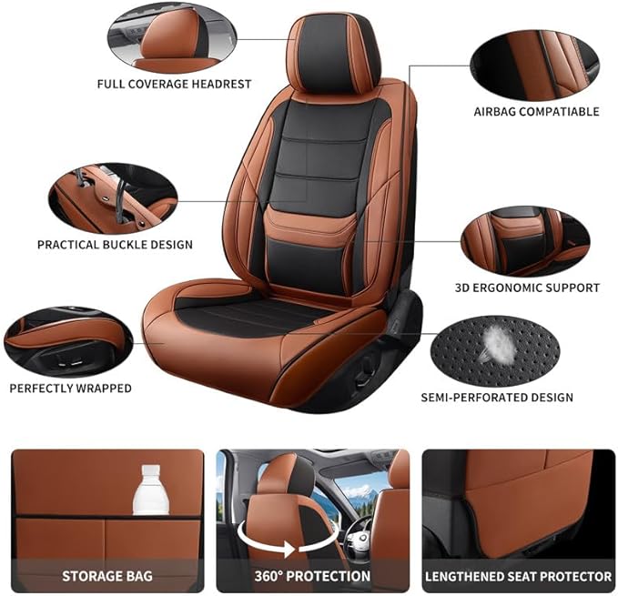 Car Seat Covers Full Set Custom Fit for Mercury Milan 2006-2011-Luxury Leather with Lumbar Support, Breathable, Waterproof, Anti-Slip, Durable, Easy to Install (BlackBrown,Full Set)
