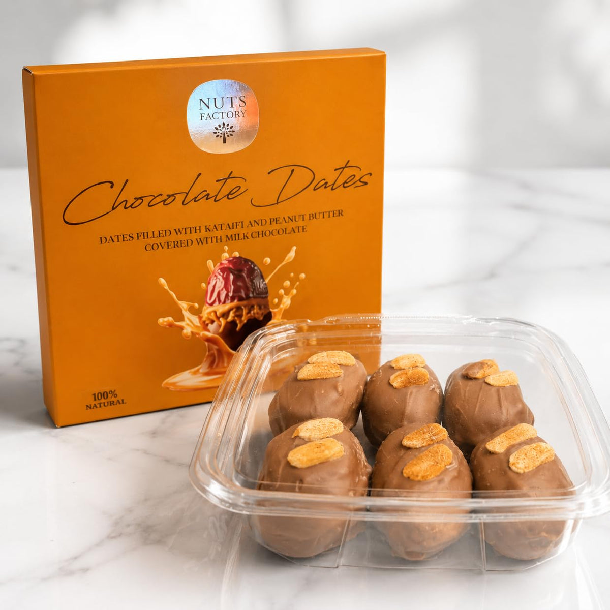 Nuts Factory Chocolate Dates - Milk Chocolate Covered Dates with Kataifi & Peanut Butter Filling, Gourmet Stuffed Date Dessert Treats