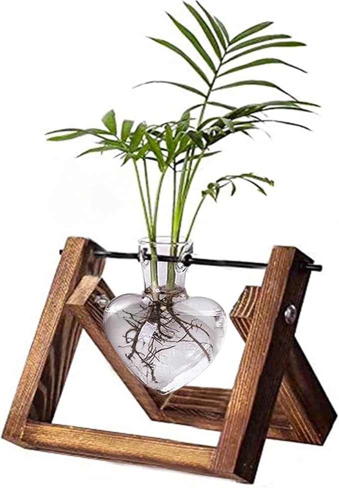 Kingbuy Terrarium with Wooden Stand, Desktop Propagation Station, Air Plant Holder, Metal Swivel Holder for Hydroponics, Home Garden, Wedding Decor - 1 Hearted Vase