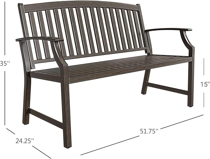 Grand patio 52" Farmhouse Outdoor Bench, Garden Benches with Rust Free Metal Powder Coated Frame and Aluminum Backrest, Faux Wood Grain Finish Frame Patio Bench for Front Porch, Northwoods Brown