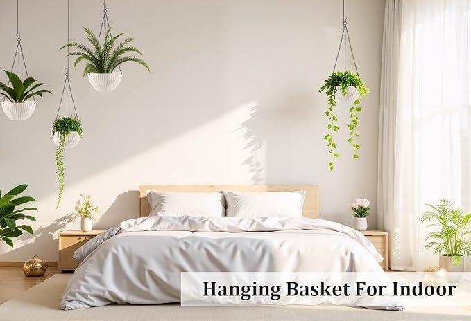 Hanging Planters for Indoor Outdoor Plants 8/10 Inch, 4 Packs Plant Hanger with Drainage Holes, Hanging Basket Flower Pot Perfect for Home, Office and Garden,White