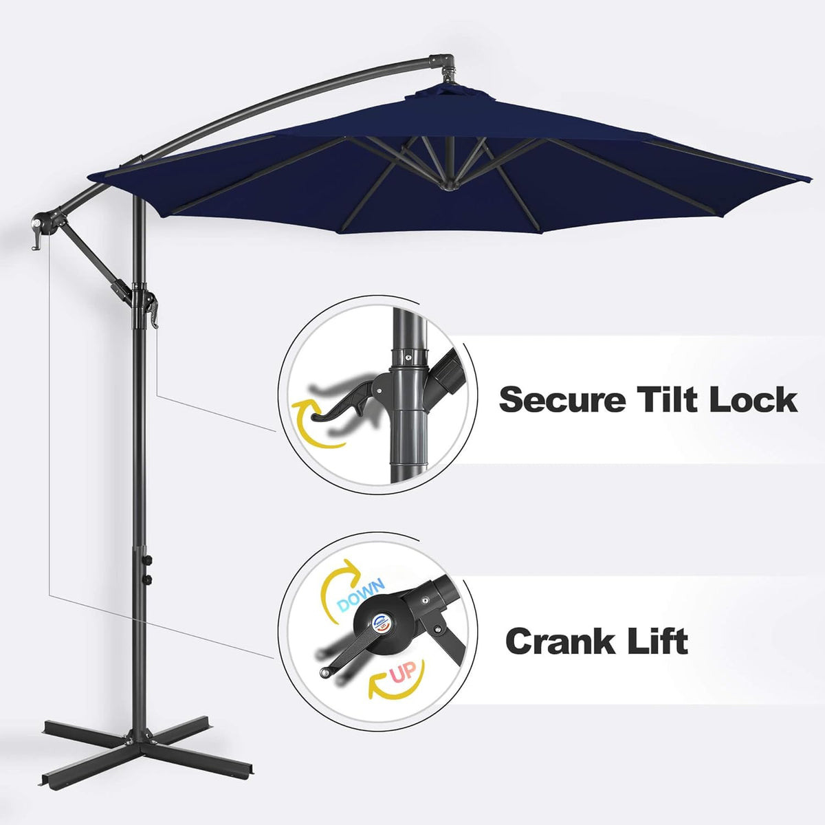 FLAME&SHADE 10ft Cantilever Patio Umbrella Outdoor, Large Offset Umbrella with Crank and Cross Base, UPF 50+ UV Protection Hanging Umbrella for Pool Deck Garden, Navy Blue