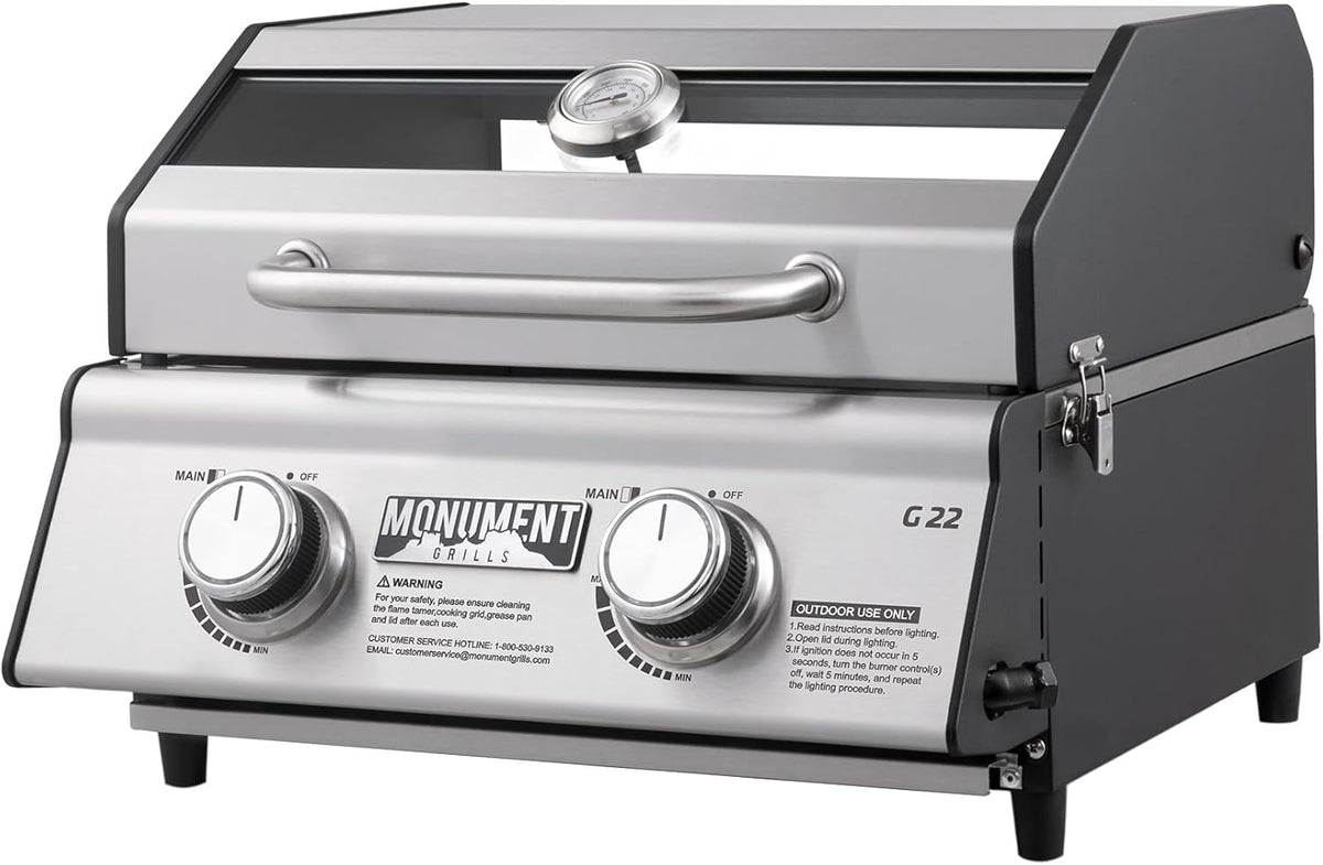 Portable Propane Gas Grill 2-Burner Tabletop Clearview® Monument Grills for Outdoor Camping Cooking, Two 15,000 BTU Burners, Stainless Steel, and Built-in Thermometer