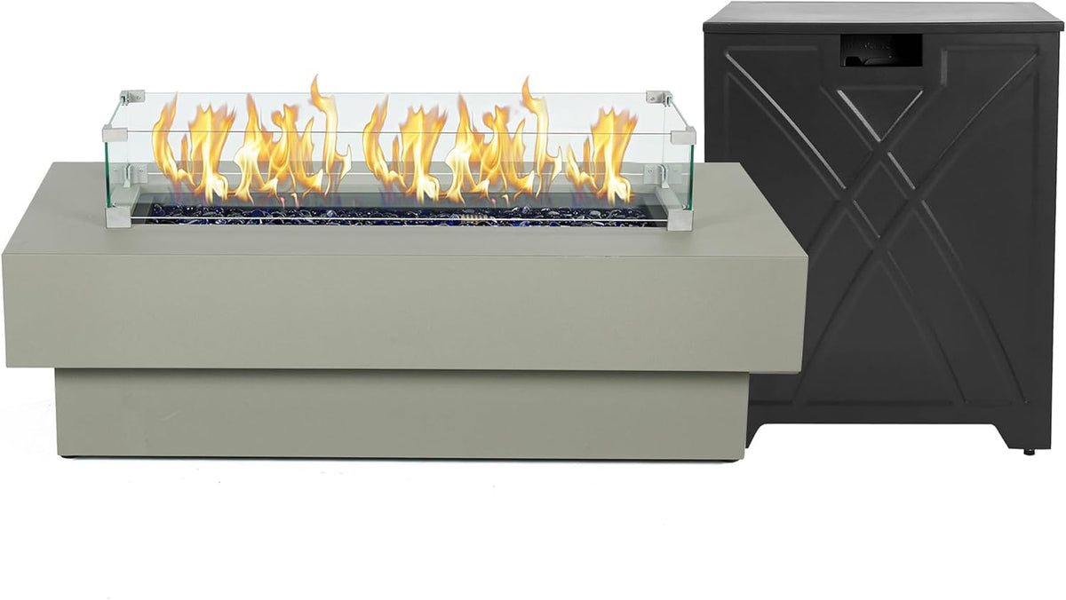 48-inch Fire Table with 20lb Propane Tank Cover & Wind Glass Shield, 50,000BTU Outdoor Modern Patio Fire Pit Table w/Rectangular Burner Lid, Glass Rocks, Pre-Attached 10ft External Gas Hose