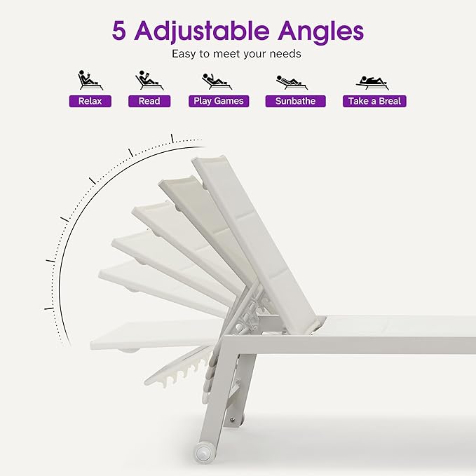 PURPLE LEAF Outdoor Chaise Lounge Set Adjustable Sunbathing Recliner with Side Table for Beach Poolside Outside Patio Aluminum Chaise Lounger Cream