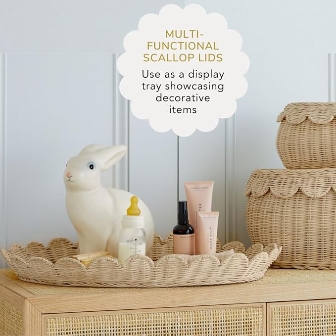 BEBE BASK Large Scalloped Basket Set Of 3 - Hand-Woven & Award-Winning Scallop Basket - XL - Extra Large for Blankets 22 x 16 x 10 In - Elegant Wicker With Scalloped Edge Lid (Natural)