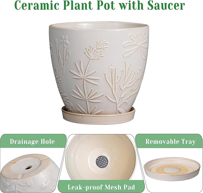 10 Inch Plant Pot Ceramic Planter Pot with Drainage Hole and Saucer Round Planter Large Flower Pot for Indoor Outdoor Plants Home Garden Decor White