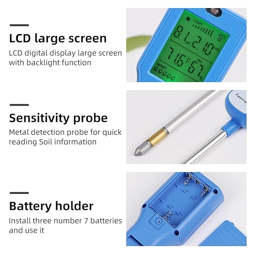 6-in-1 Soil Moisture Meter Digital PH Meter/Soil Moisture/Plant Temperature/Sunlight Intensity, Backlight LCD Display, Soil Test Meter for Garden, Lawn, Plant Care (Blue)