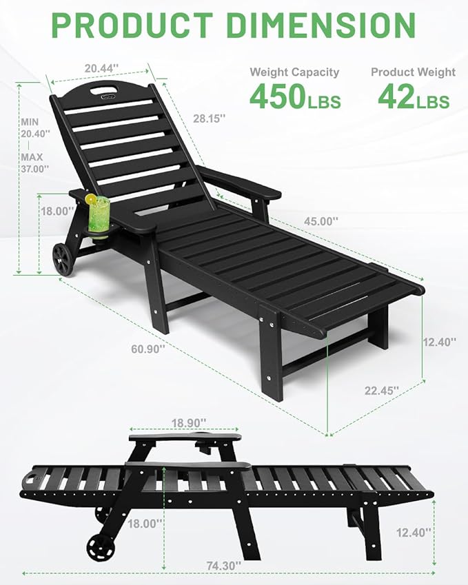 Lounge Chair Outdoor Set of 2, HDPE Chaise Lounge Outdoor with 6-Position & Wheels &Cup Holder, Pool Lounge Chair for Pool Poolside Deck Backyard Patio, Black