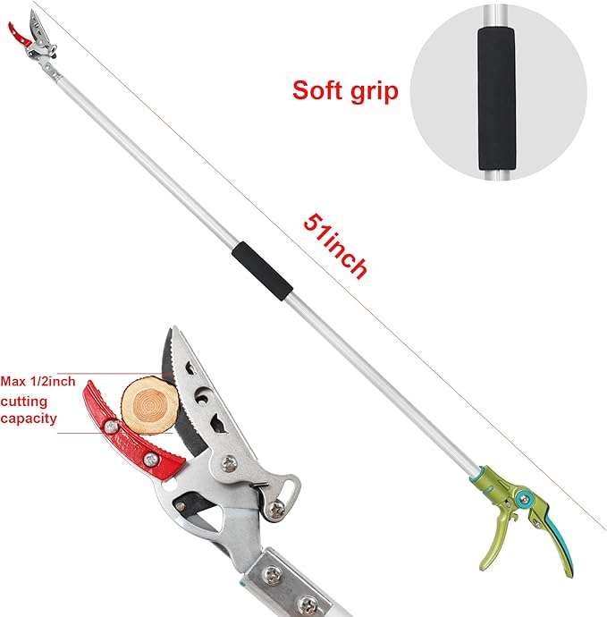 GARTOL Cut & Hold Pole Pruner, 4.2 FT Lightweight Fruit Picker with 180° Rotating Handle, SK5 Steel Blade Cuts up to 1/2 Inch, Long Reach Garden Tree Trimmer & Branch Cutter for Shrubs, Bushes