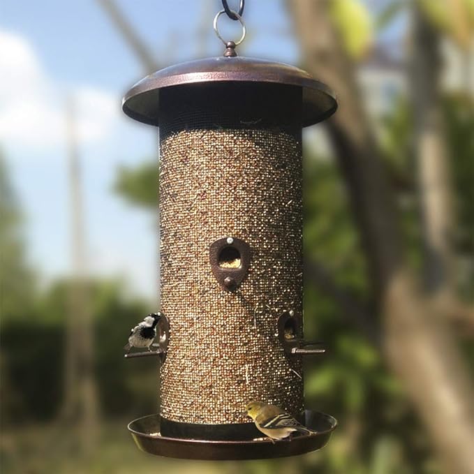 Nature's Rhythm Metal Hopper Bird Feeder, Dual Seed Compartments, 10 Feeding Ports, Holds 10lbs Seed, Attracts Cardinals, Titmice, Nuthatches