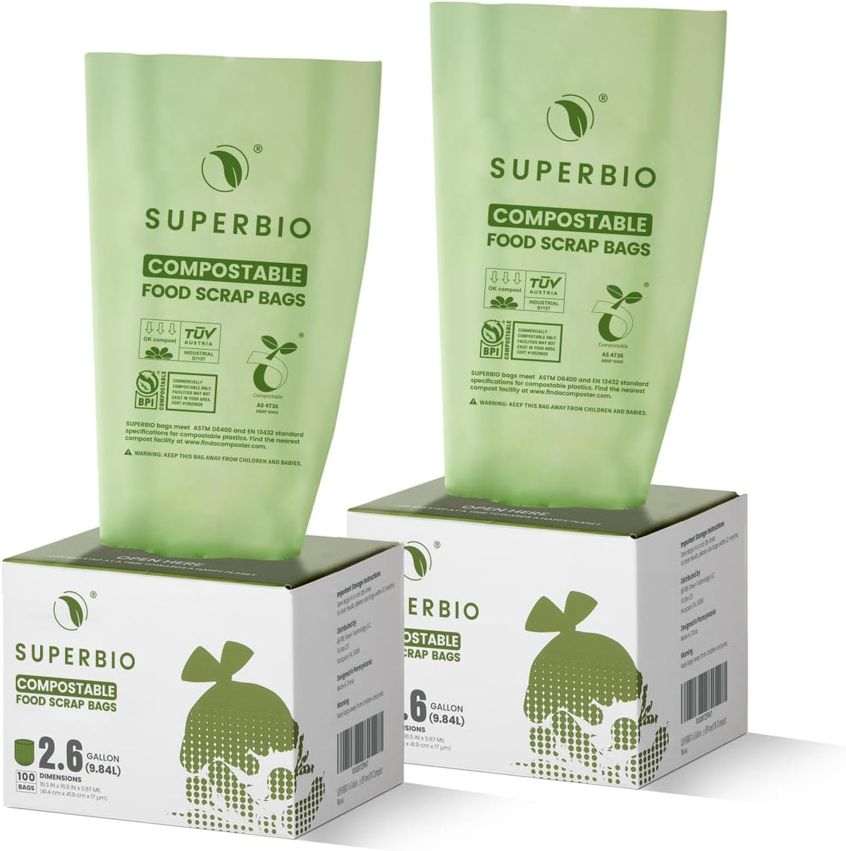SUPERBIO 2.6 Gallon Flat Top Compostable Food Waste Bags, 100 Count, 2 Pack,9.84L, Food Scrap Bags, BPI Certified and OK compost INDUSTRIAL
