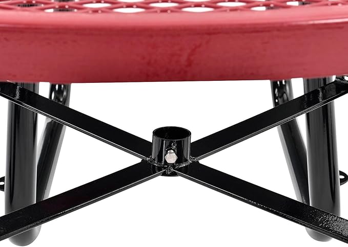 Global Industrial 46" Round Picnic Table, Expanded Metal, Red Thermoplastic Coating, Attached Benches, 1-1/2” Umbrella Pole Hole, Outdoor-Rated, 1000 lb Capacity