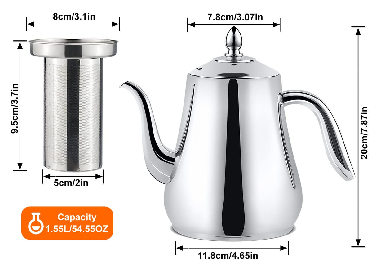 SANQIAHOME Stainless Steel Teapot with strainer Tea Pot With Removable Infuser or filter for Loose Leaf and Tea Bags cold water Pitcher Tea Maker Dishwasher Safe (silver, 1550ml(51Oz))