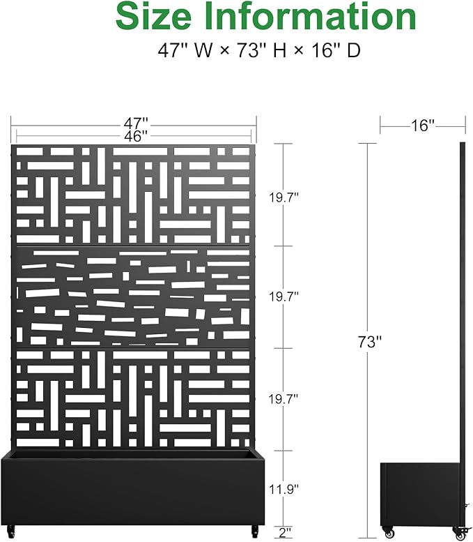 Casaphoria Metal Raised Garden Bed with Trellis and Wheels, 72"x47"x16" Planter Box for Climbing Plants, Vegetables & Vines, Features Drainage Holes and Privacy Screen, Black(Helen&Gerald)