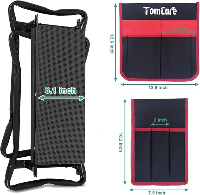 TomCare Garden Kneeler Seat Garden Bench Garden Stools Foldable Stool with Tool Bag Pouch EVA Foam Pad Outdoor Portable Kneeler Christmas Gardening Gifts for Women Men,Large 21.65"x10.62"x18.89",Black