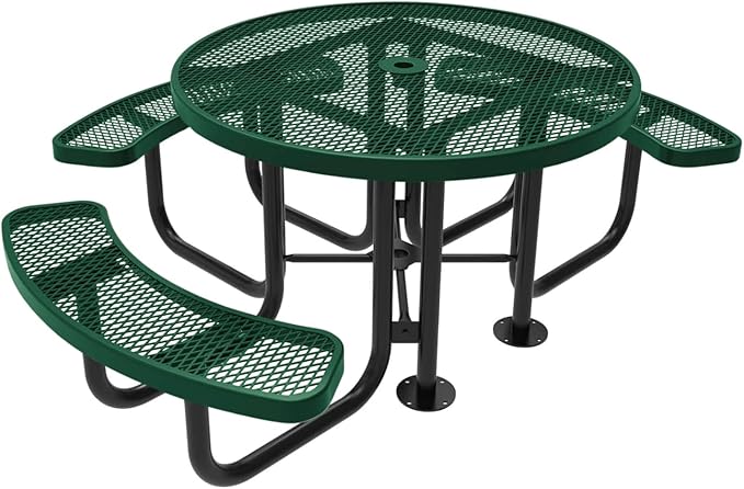 Heavy-Duty Portable Outdoor Picnic Table with Umbrella Hole, Expanded Metal Patio Dining Furniture Made in America (46" Round Top, Textured Green)