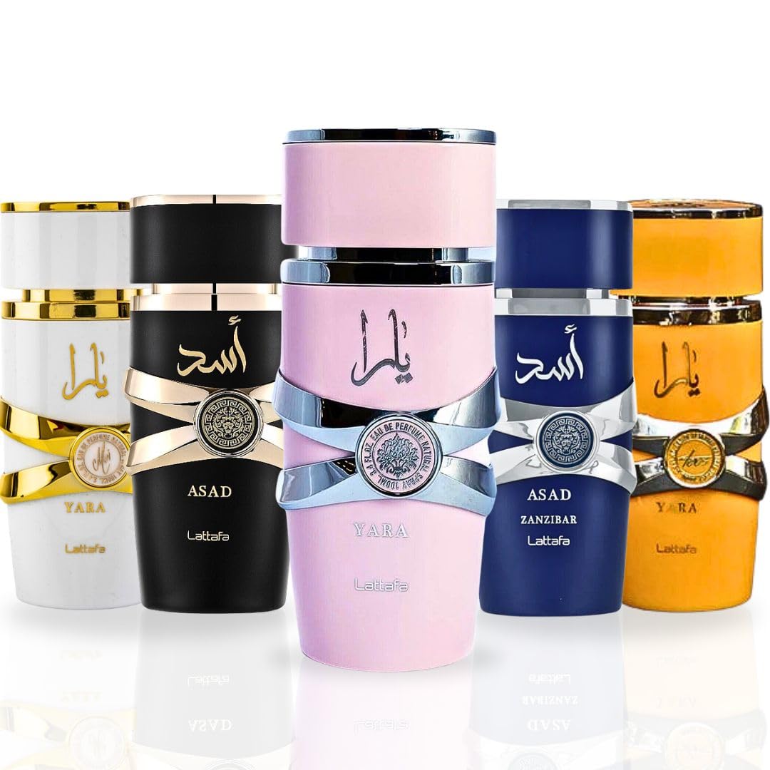 Lattafa Yara Collection 5 Piece Set - Yara, Yara Moi, Yara Tous, Asad, Asad Zanzibar - Eau De Parfum Sprays 100Ml (3.4 Oz)