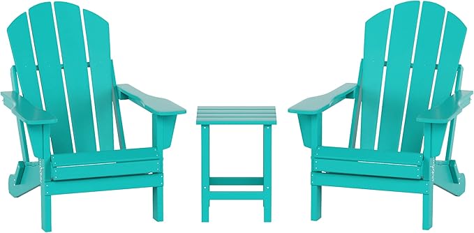 WO Home Furniture Adirondack Chairs Table Set of 3 PCS Outdoor Folding Chairs Side End Table Weather/UV Resistant for Lawn, Garden, Bon Fire, Balcony (Turquoise)