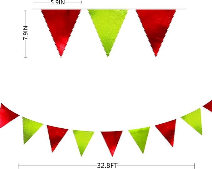 Red and Green Metallic Fabric Triangle Pennant Banner Flag Bunting Garland for Merry Grinchmas Birthday Baby Shower Bachelorette Xmas Holiday Christmas Holiday New Year Party Decorations Supplies